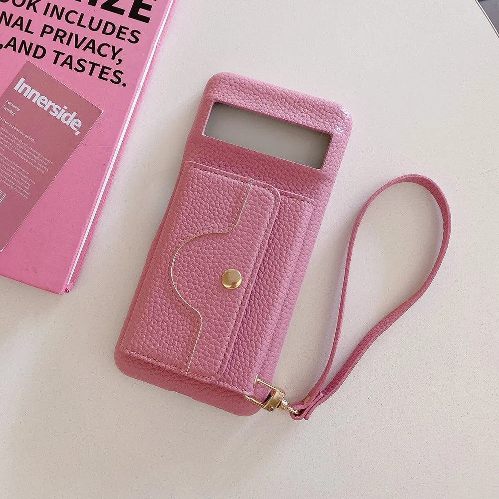 For Google Pixel 8 Case Mirror Design PU Leather Back Cover with Card Slots, Wrist Strap - Pink - 7