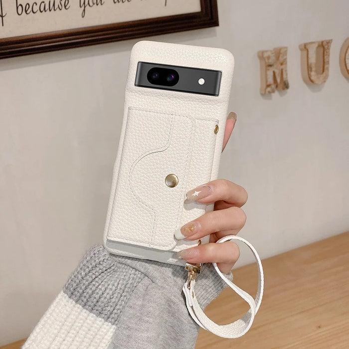 For Google Pixel 8a Case Mirror Design PU Leather Back Cover with Card Slots, Wrist Strap - White - 1