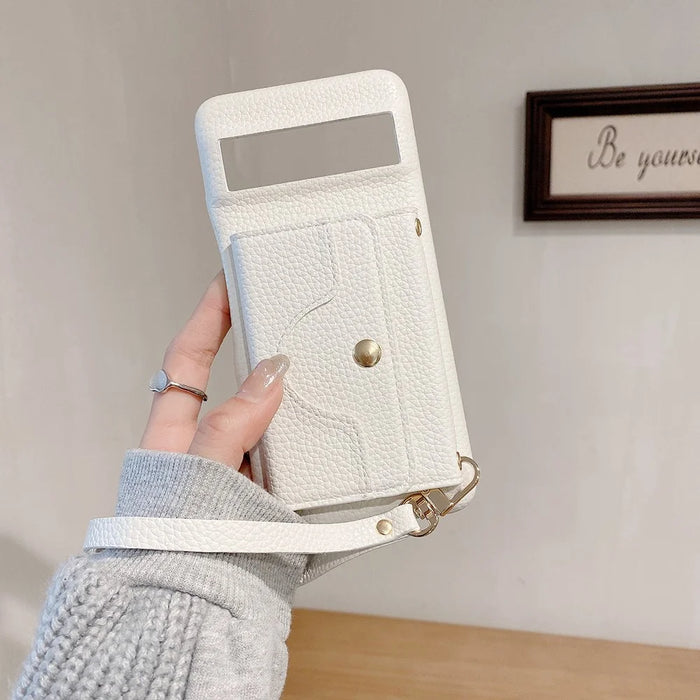 For Google Pixel 8a Case Mirror Design PU Leather Back Cover with Card Slots, Wrist Strap - White - 6