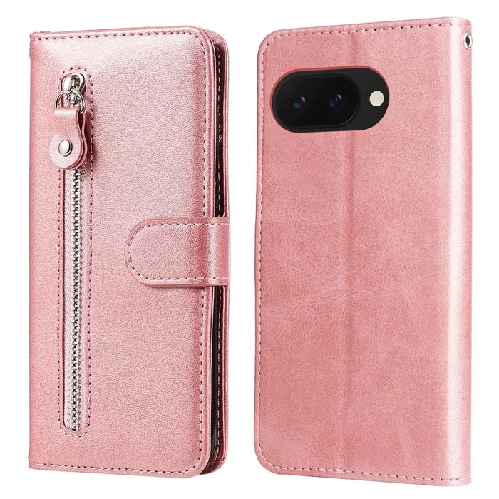 For Google Pixel 9a Case Zipper Wallet Calf Texture PU Leather Phone Cover - Pink - 1