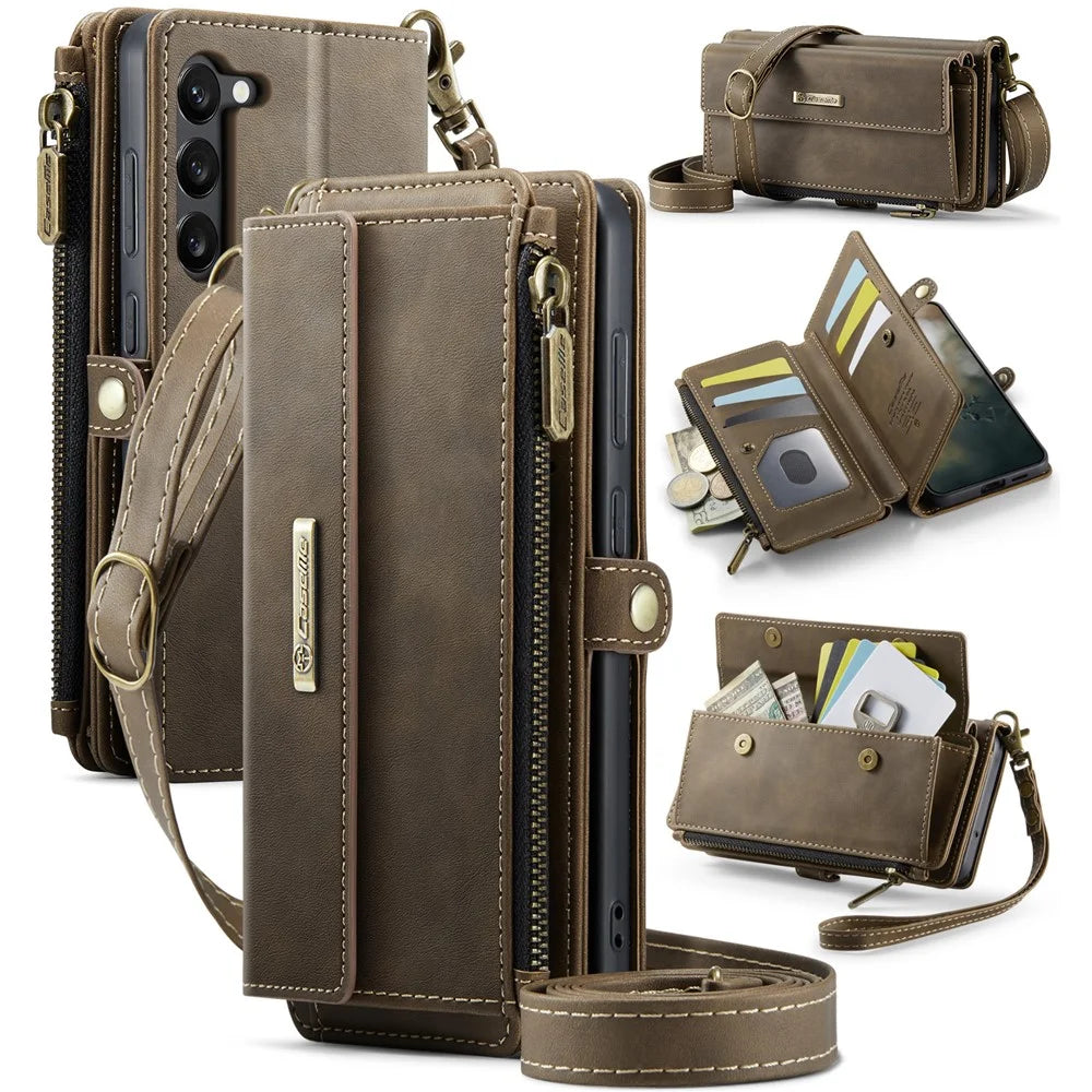 CASEME For Samsung Galaxy S23+ Case  C39 RFID Blocking Zipper Wallet Stand Leather Cover with Strap - Brown - 1