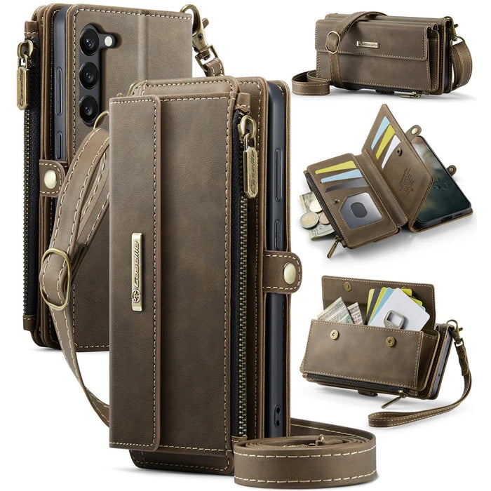 CASEME For Samsung Galaxy S23+ Case  C39 RFID Blocking Zipper Wallet Stand Leather Cover with Strap - Brown - 1