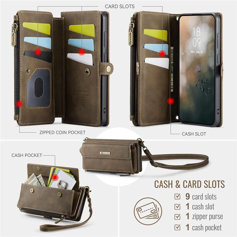 CASEME For Samsung Galaxy S23+ Case  C39 RFID Blocking Zipper Wallet Stand Leather Cover with Strap - Brown - 3
