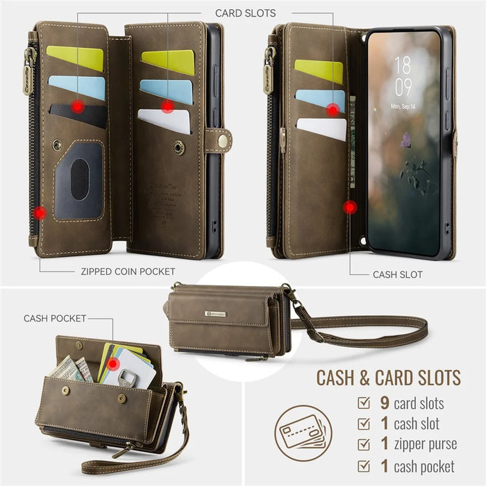 CASEME For Samsung Galaxy S23+ Case  C39 RFID Blocking Zipper Wallet Stand Leather Cover with Strap - Brown - 3