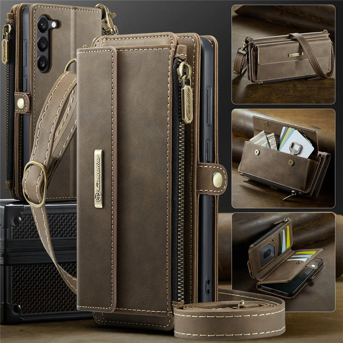 CASEME For Samsung Galaxy S23+ Case  C39 RFID Blocking Zipper Wallet Stand Leather Cover with Strap - Brown - 5