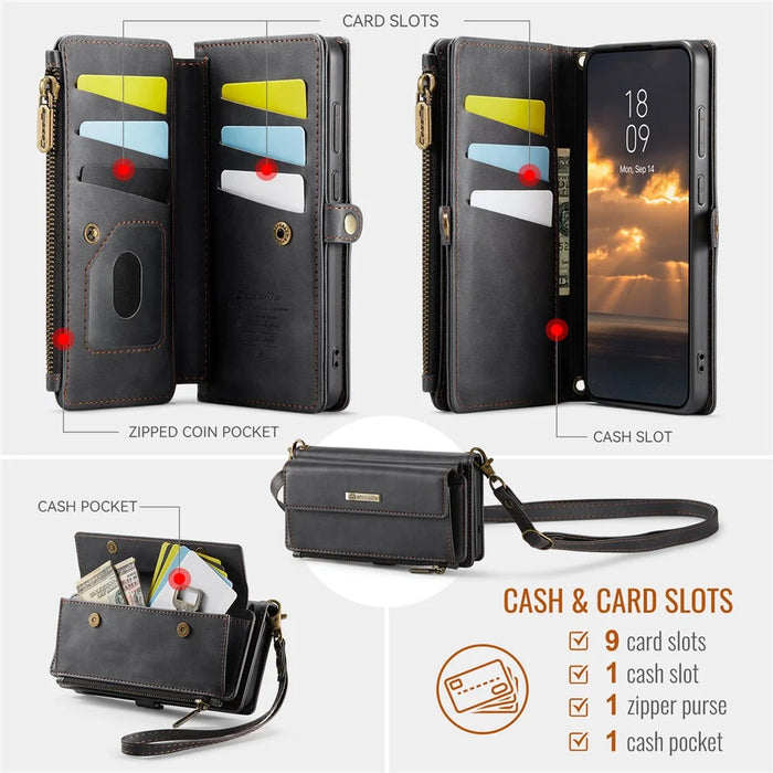 CASEME For Samsung Galaxy S23 FE Case  C39 RFID Blocking Zipper Wallet Stand Leather Cover with Strap - Black - 3