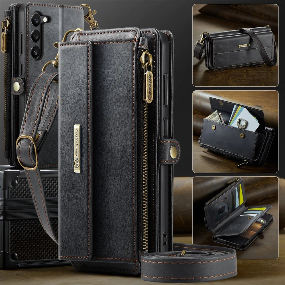 CASEME For Samsung Galaxy S23 Case  C39 RFID Blocking Zipper Wallet Stand Leather Cover with Strap - Black - 5