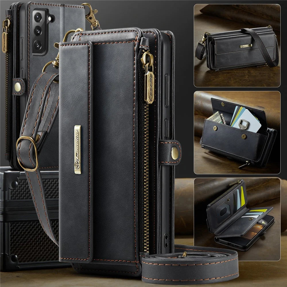 CASEME For Samsung Galaxy S22 5G Case  C39 RFID Blocking Zipper Wallet Stand Leather Cover with Strap - Black - 5