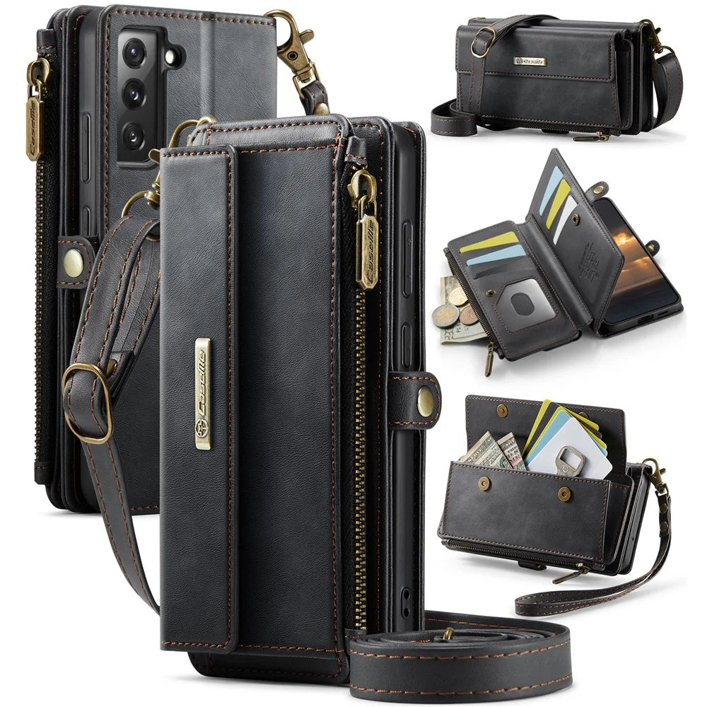 CASEME For Samsung Galaxy S22+ 5G Case  C39 RFID Blocking Zipper Wallet Stand Leather Cover with Strap - Black - 1