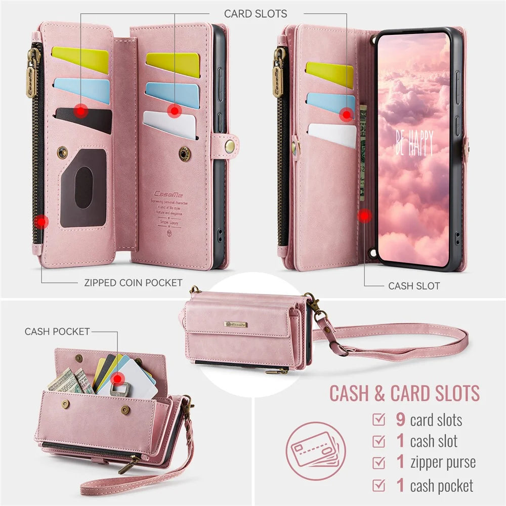 CASEME For Samsung Galaxy S24 FE Case  C39 RFID Blocking Zipper Wallet Stand Leather Cover with Strap - Pink - 3