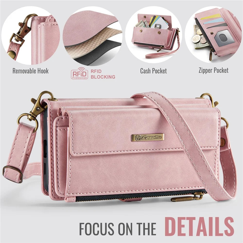 CASEME For Samsung Galaxy S24 FE Case  C39 RFID Blocking Zipper Wallet Stand Leather Cover with Strap - Pink - 4