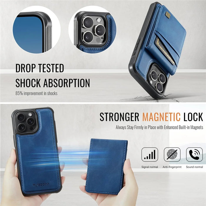 AUTSPACE For iPhone 13 Pro 6.1 inch Case  A12 Leather Phone Case with Detachable Card Bag - Blue - 6