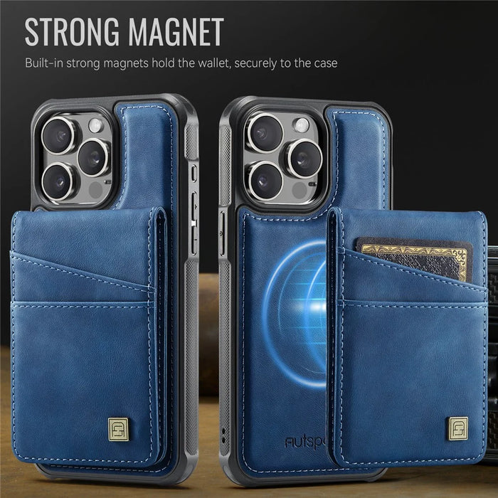 AUTSPACE For iPhone 13 Pro 6.1 inch Case  A12 Leather Phone Case with Detachable Card Bag - Blue - 7