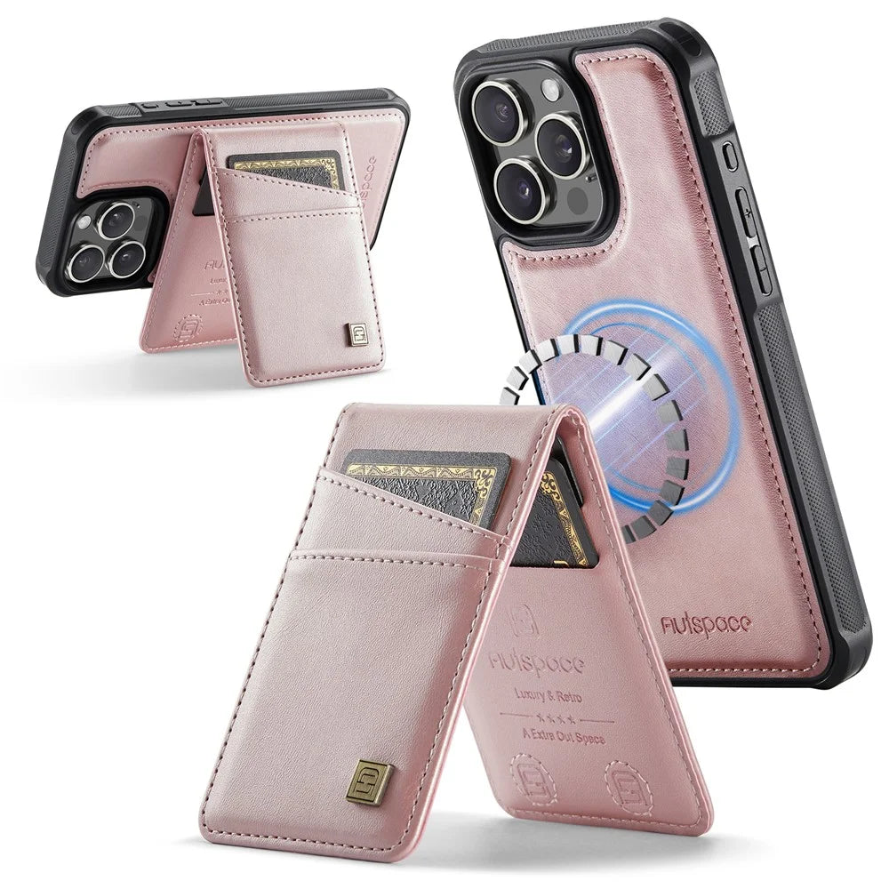 AUTSPACE For iPhone 13 Pro Max 6.7 inch Case  A12 Leather Phone Case with Detachable Card Bag - Rose Gold - 3