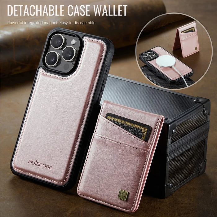 AUTSPACE For iPhone 13 Pro Max 6.7 inch Case  A12 Leather Phone Case with Detachable Card Bag - Rose Gold - 4