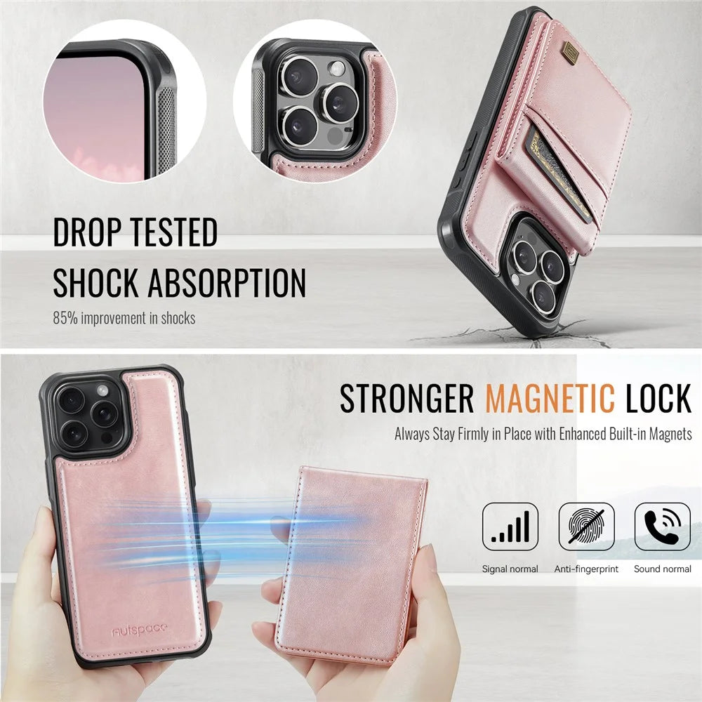 AUTSPACE For iPhone 13 Pro Max 6.7 inch Case  A12 Leather Phone Case with Detachable Card Bag - Rose Gold - 6