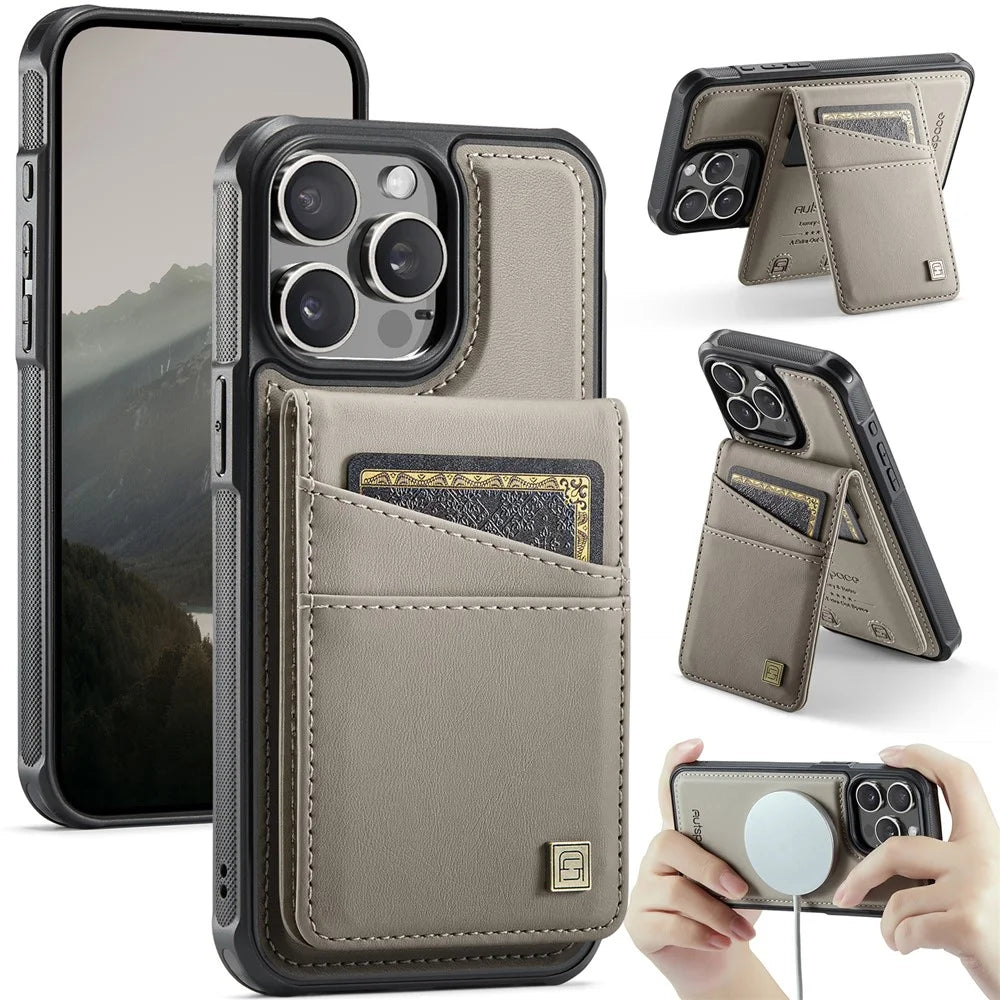 AUTSPACE For iPhone 14 Pro Case  A12 Leather Phone Case with Detachable Card Bag - Grey - 1