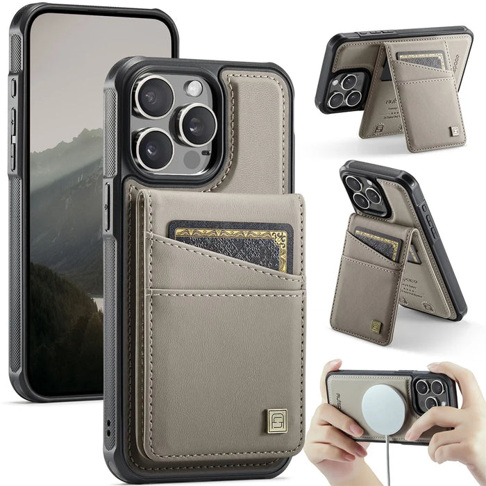 AUTSPACE For iPhone 14 Pro Case  A12 Leather Phone Case with Detachable Card Bag - Grey - 1