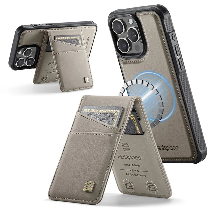 AUTSPACE For iPhone 14 Pro Case  A12 Leather Phone Case with Detachable Card Bag - Grey - 3
