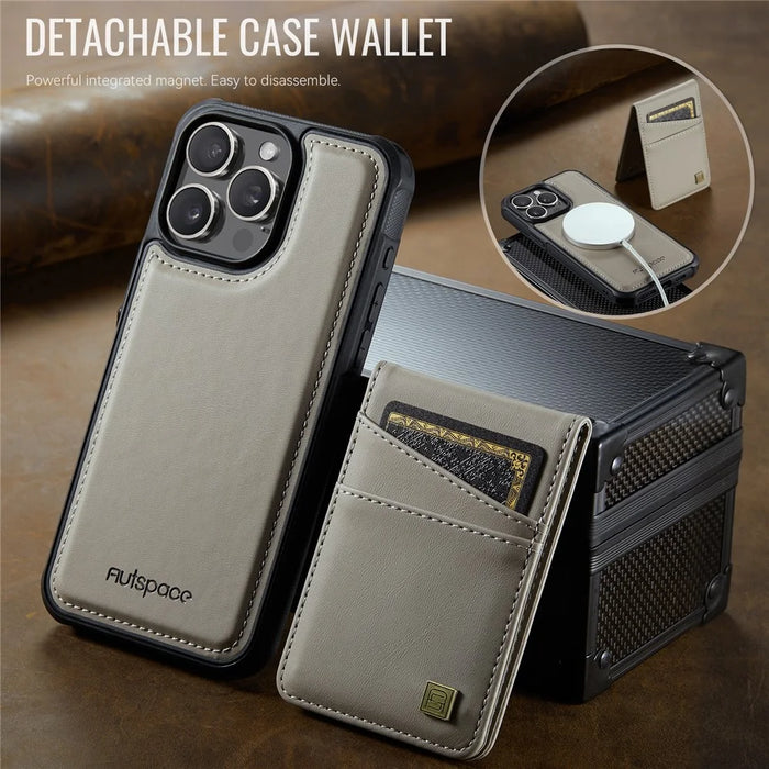 AUTSPACE For iPhone 14 Pro Case  A12 Leather Phone Case with Detachable Card Bag - Grey - 4