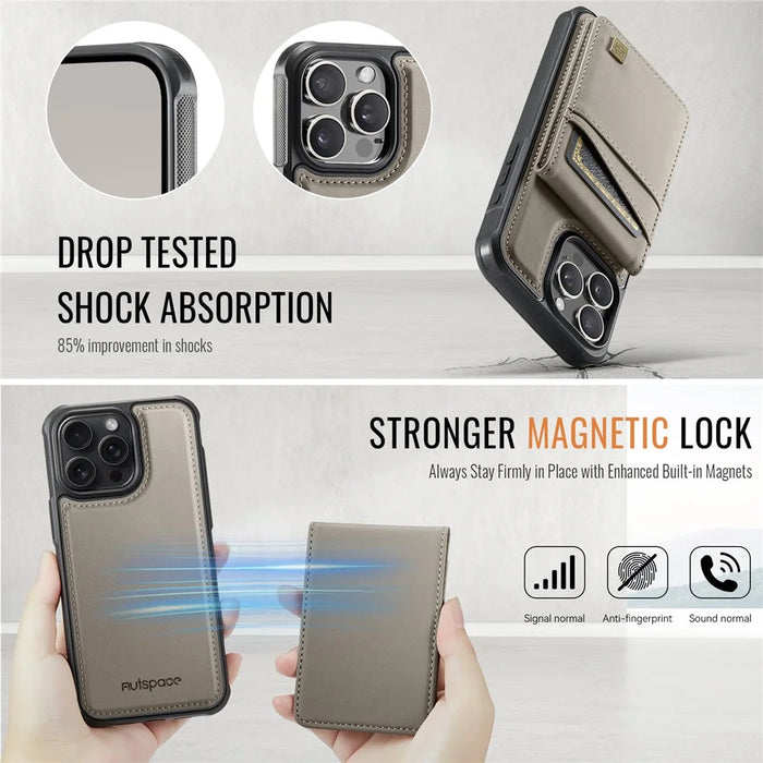 AUTSPACE For iPhone 14 Pro Case  A12 Leather Phone Case with Detachable Card Bag - Grey - 6