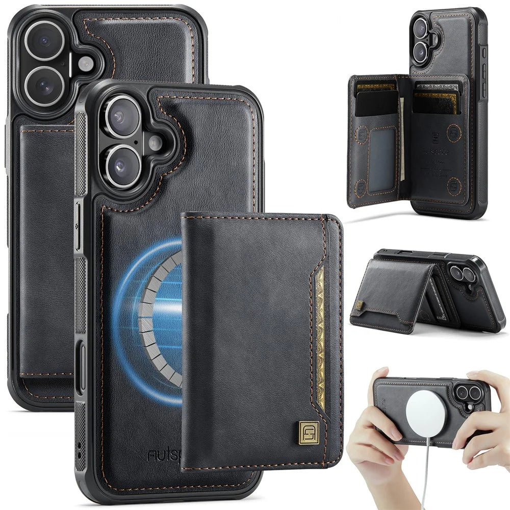 AUTSPACE For iPhone 16 Case  A13 Vintage Leather Back Cover with Magnetic Detachable Card Bag - Black - 1