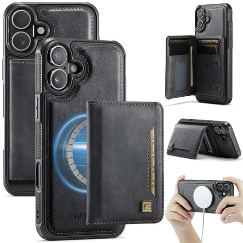 AUTSPACE For iPhone 16 Case  A13 Vintage Leather Back Cover with Magnetic Detachable Card Bag - Black - 1
