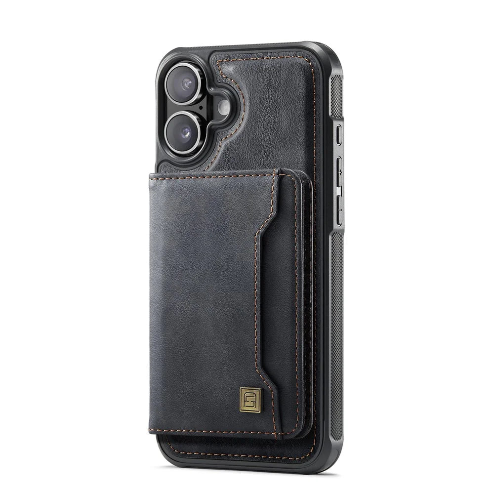AUTSPACE For iPhone 16 Case  A13 Vintage Leather Back Cover with Magnetic Detachable Card Bag - Black - 2
