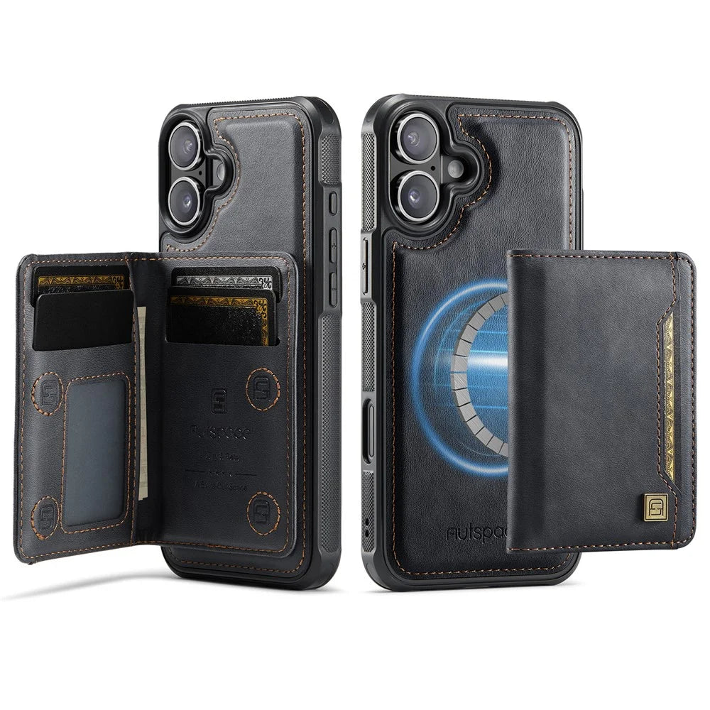 AUTSPACE For iPhone 16 Case  A13 Vintage Leather Back Cover with Magnetic Detachable Card Bag - Black - 3