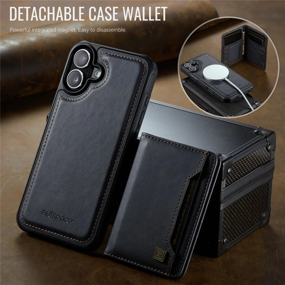 AUTSPACE For iPhone 16 Case  A13 Vintage Leather Back Cover with Magnetic Detachable Card Bag - Black - 4