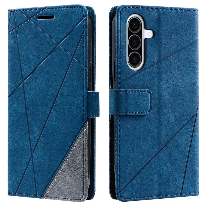 For Samsung Galaxy A26 5G Case Imprinted Lines PU Leather Splicing Wallet Phone Cover - Blue - 1