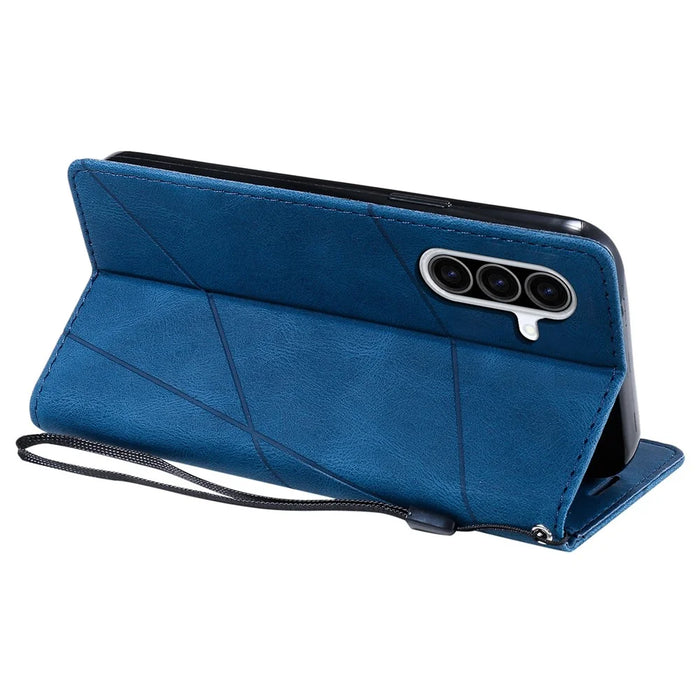 For Samsung Galaxy A26 5G Case Imprinted Lines PU Leather Splicing Wallet Phone Cover - Blue - 4