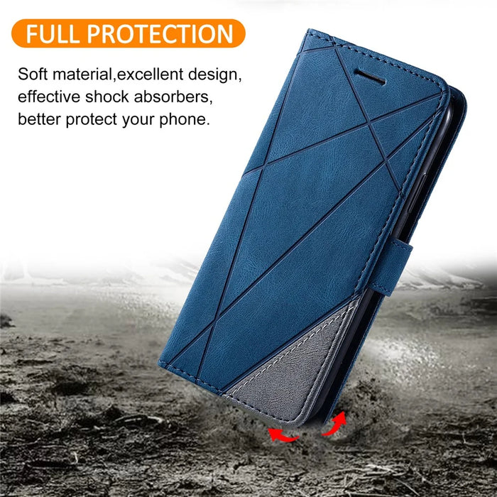 For Samsung Galaxy A26 5G Case Imprinted Lines PU Leather Splicing Wallet Phone Cover - Blue - 6