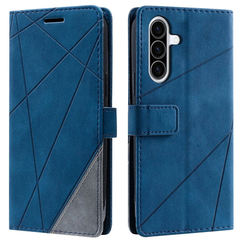 For Samsung Galaxy A36 5G Case Imprinted Lines PU Leather Splicing Wallet Phone Cover - Blue - 1