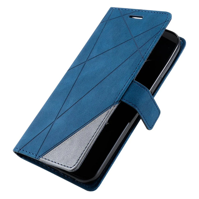 For Samsung Galaxy A36 5G Case Imprinted Lines PU Leather Splicing Wallet Phone Cover - Blue - 5