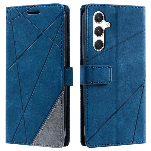 For Samsung Galaxy A56 5G Case Imprinted Lines PU Leather Splicing Wallet Phone Cover - Blue - 1