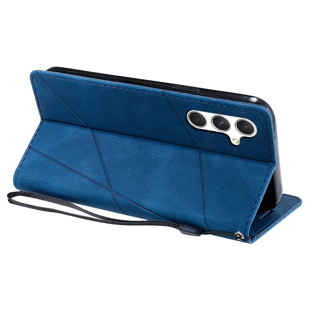 For Samsung Galaxy A56 5G Case Imprinted Lines PU Leather Splicing Wallet Phone Cover - Blue - 4