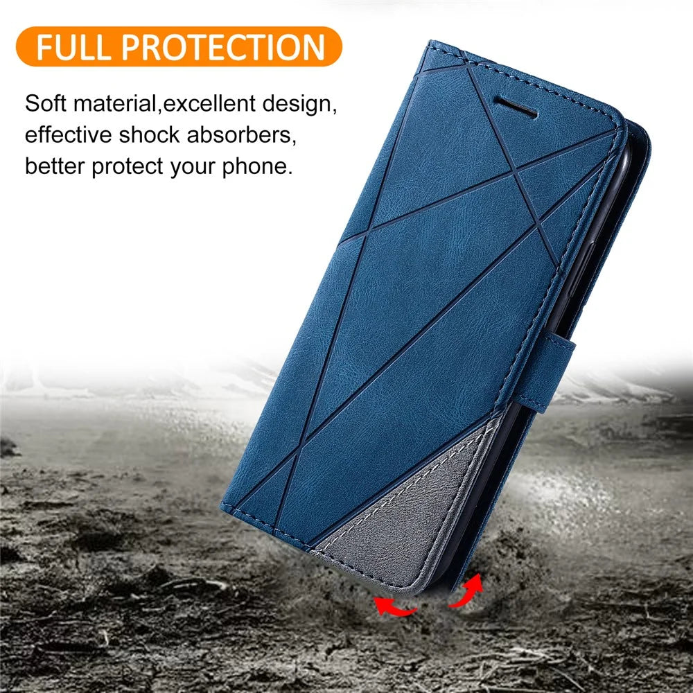 For Samsung Galaxy A56 5G Case Imprinted Lines PU Leather Splicing Wallet Phone Cover - Blue - 6