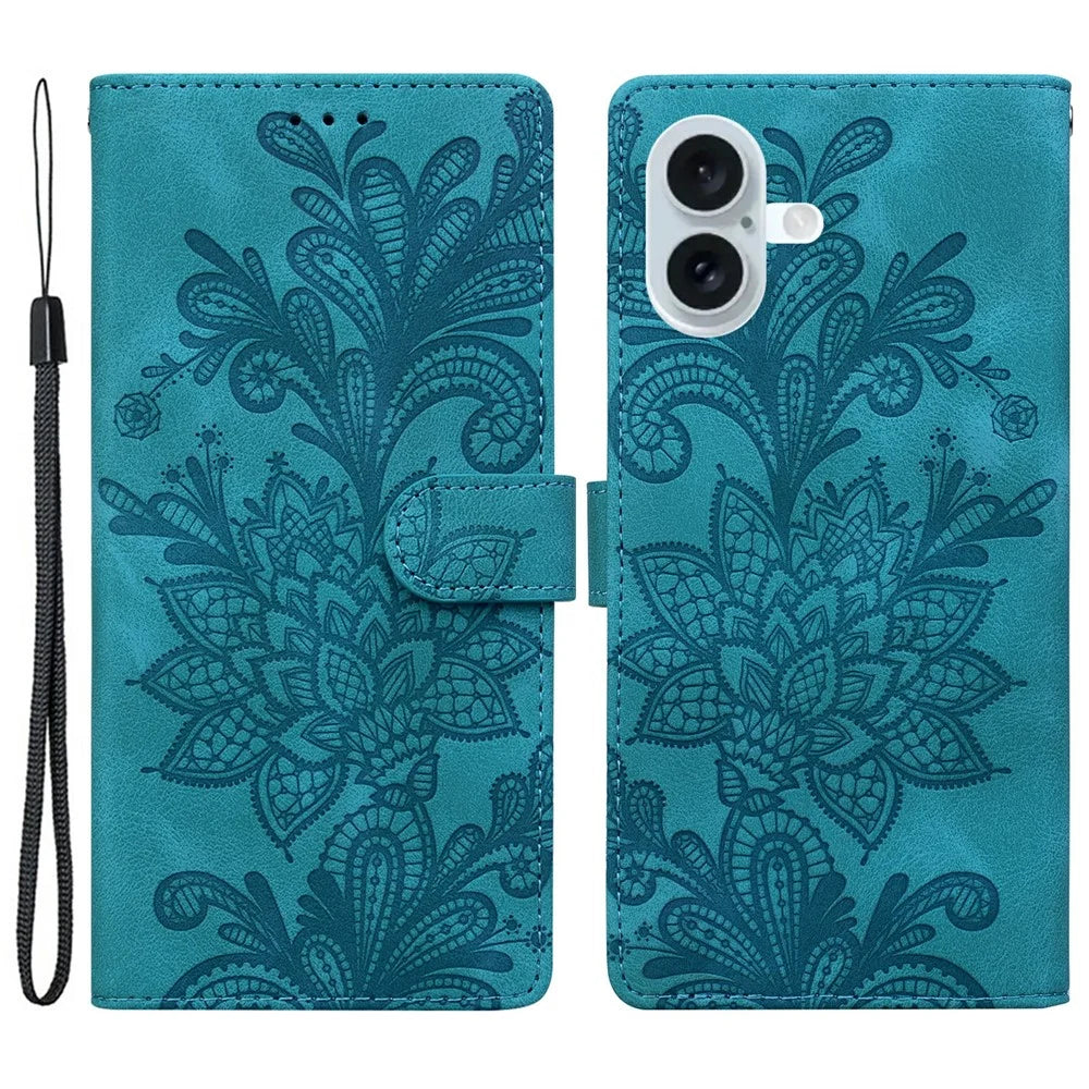 For iPhone 16 Case Imprinted Lace Flowers PU Leather Wallet Phone Cover - Green - 1
