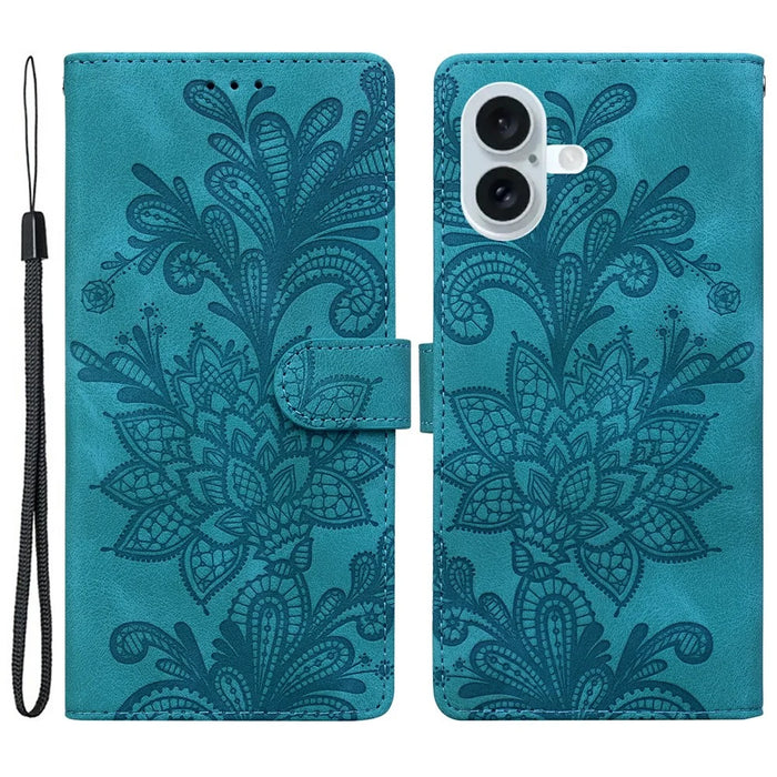 For iPhone 16 Case Imprinted Lace Flowers PU Leather Wallet Phone Cover - Green - 1