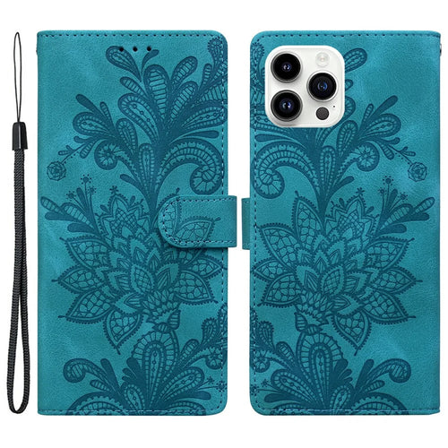 For iPhone 16 Pro Case Imprinted Lace Flowers PU Leather Wallet Phone Cover - Green - 1