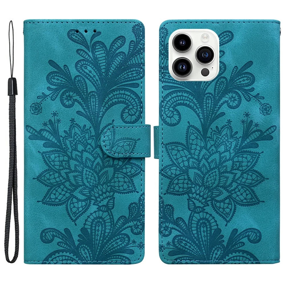 For iPhone 16 Pro Case Imprinted Lace Flowers PU Leather Wallet Phone Cover - Green - 1