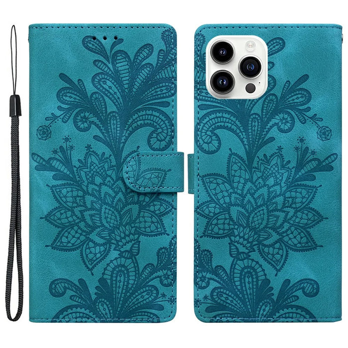 For iPhone 16 Pro Case Imprinted Lace Flowers PU Leather Wallet Phone Cover - Green - 1