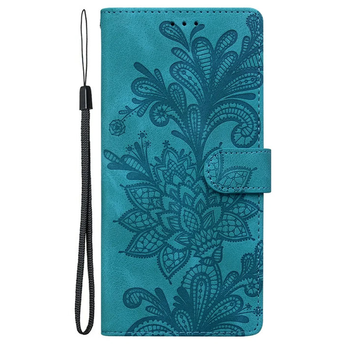 For iPhone 16 Pro Case Imprinted Lace Flowers PU Leather Wallet Phone Cover - Green - 7