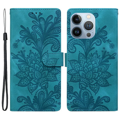 For iPhone 16 Pro Max Case Imprinted Lace Flowers PU Leather Wallet Phone Cover - Green - 1