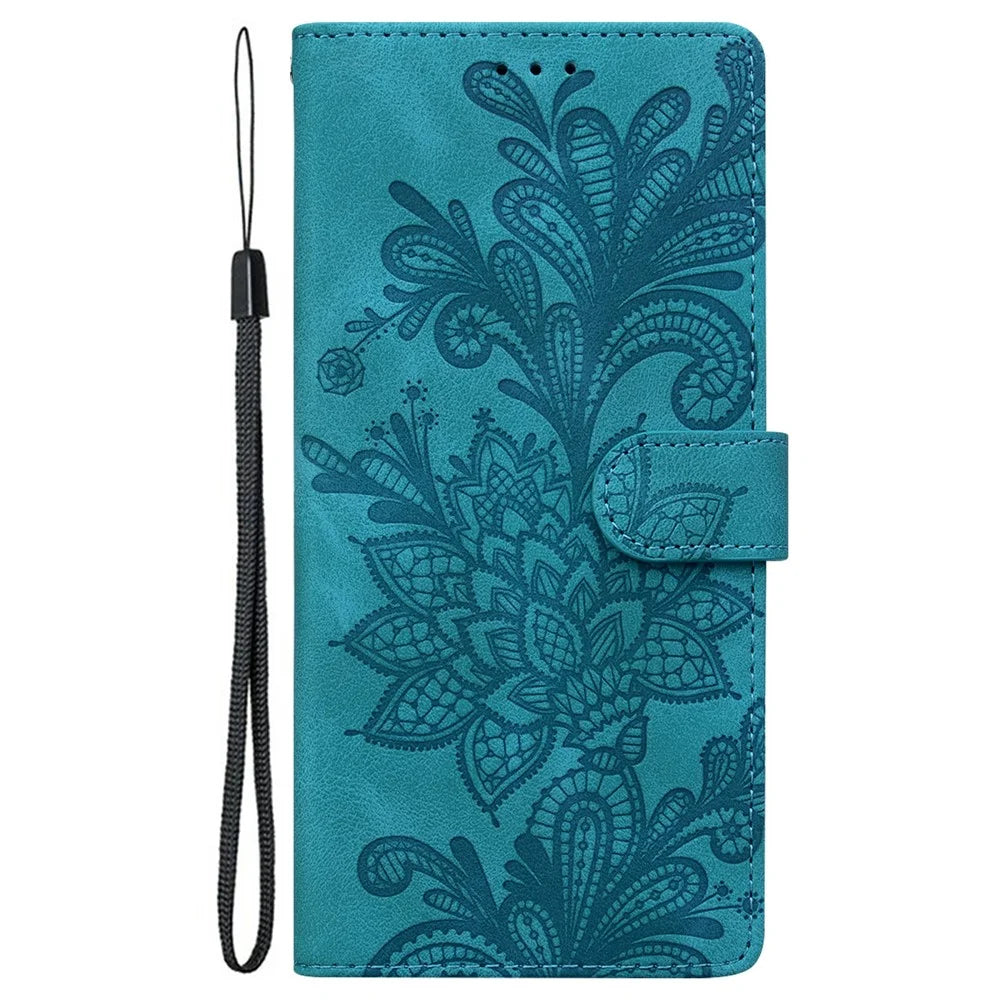 For iPhone 16 Pro Max Case Imprinted Lace Flowers PU Leather Wallet Phone Cover - Green - 7