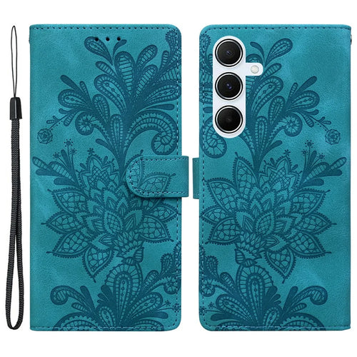 For Samsung Galaxy A26 5G Case Imprinted Lace Flowers PU Leather Wallet Phone Cover - Green - 1