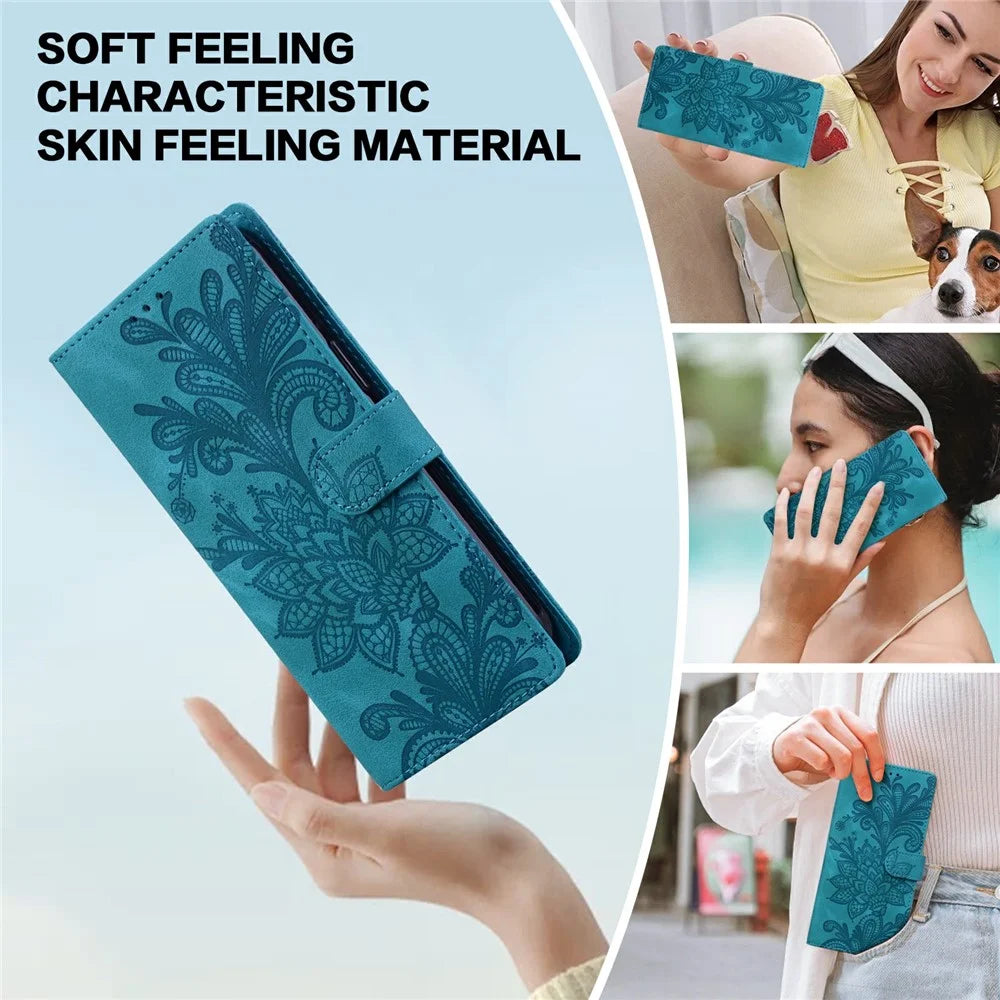 For Samsung Galaxy A35 5G Case Imprinted Lace Flowers PU Leather Wallet Phone Cover - Green - 6