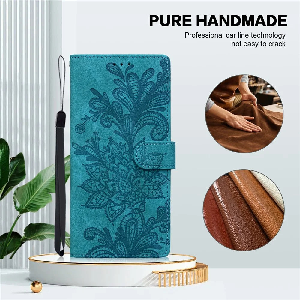 For Samsung Galaxy A55 5G Case Imprinted Lace Flowers PU Leather Wallet Phone Cover - Green - 5