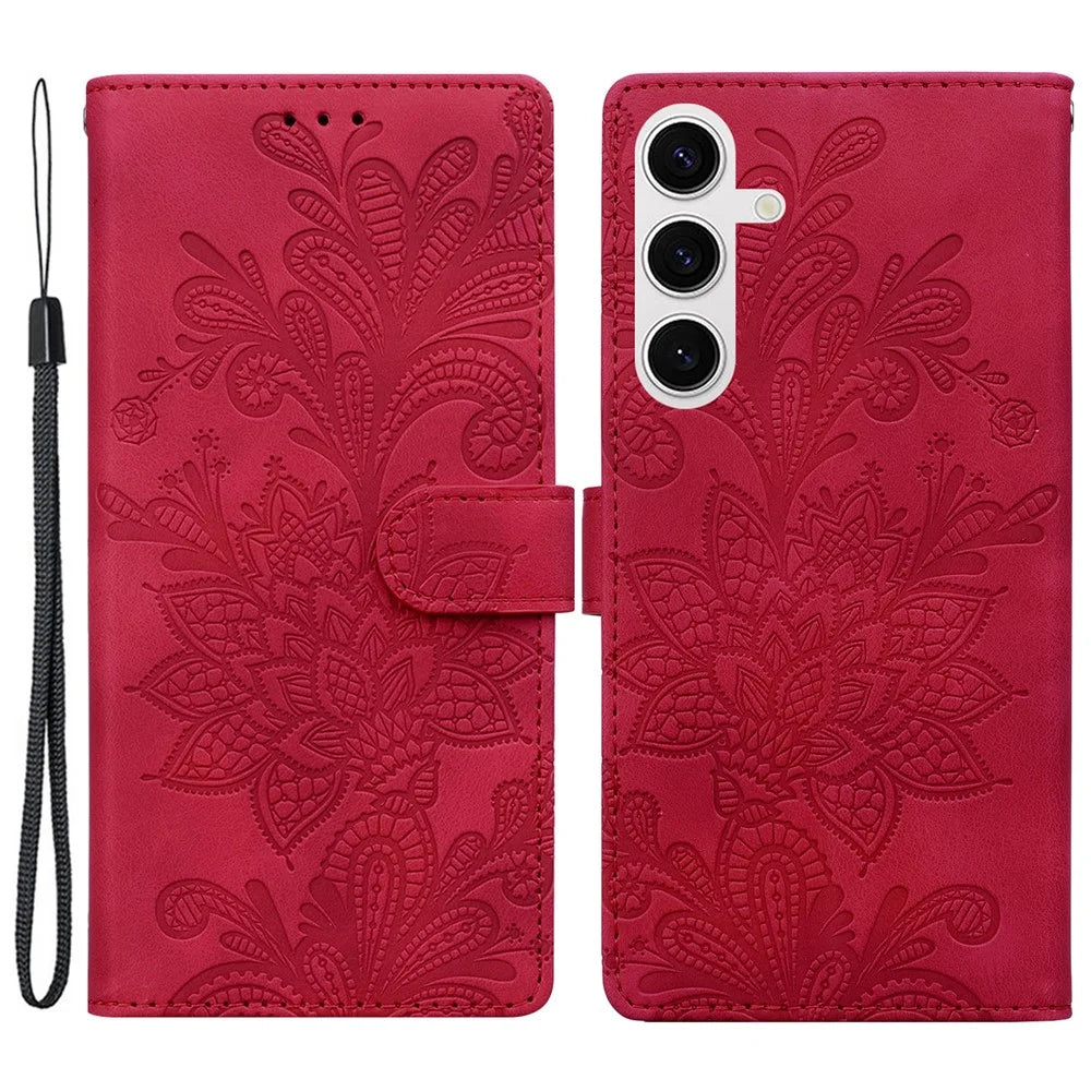 For Samsung Galaxy S24 FE Case Imprinted Lace Flowers PU Leather Wallet Phone Cover - Red - 1